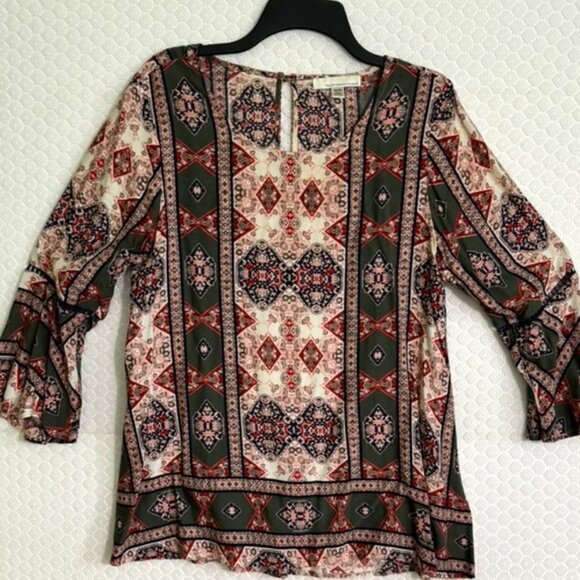 Women’s Fourteenth Place Multicolor Geometric Print 3/4 Sleeve Blouse Size M EUC - Picture 2 of 7